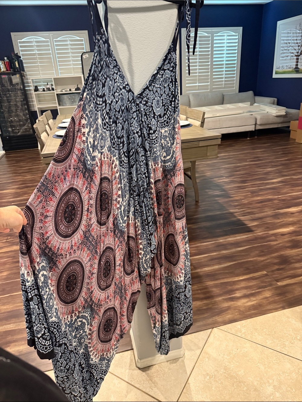 Women's Boho V-Neck Romper in Navy and Pink Medallion Print